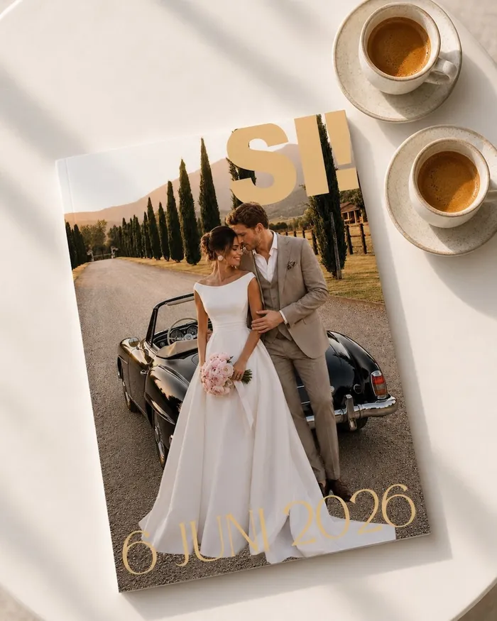 Bruidspaar met auto in Italië – cover trouwmagazine