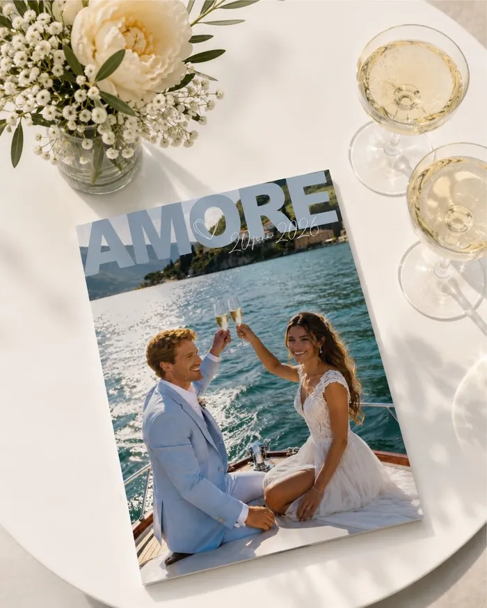 Bruidspaar op een boot – cover trouwmagazine