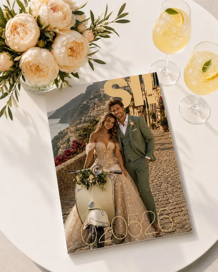 Bruidspaar op een scooter – cover trouwmagazine