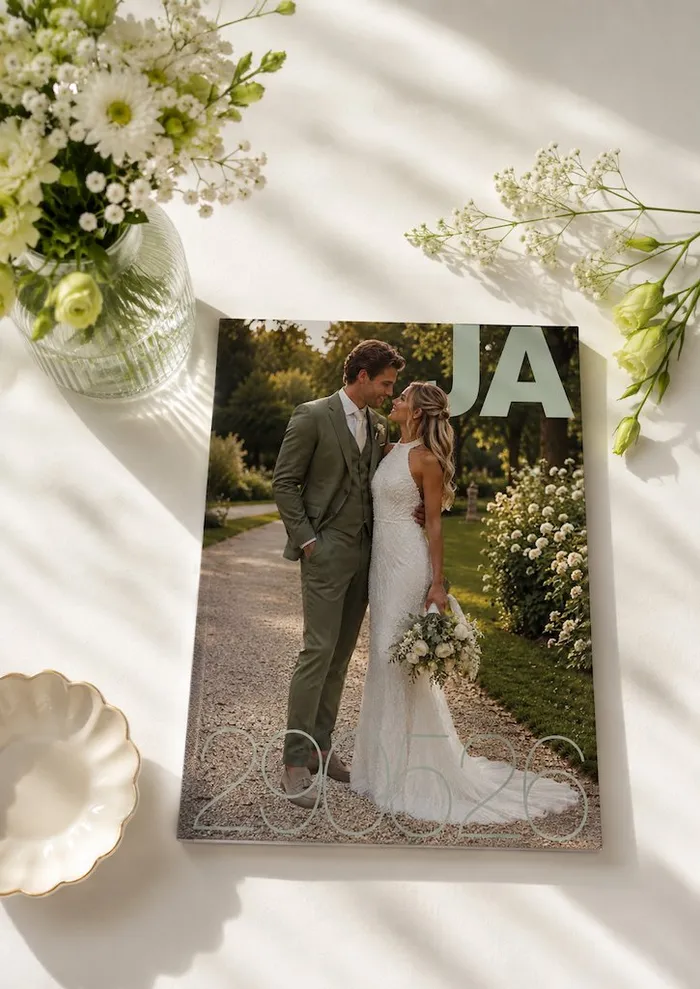 Presentatie van de cover van het trouwmagazine van bruidspaar G&I in de tuin